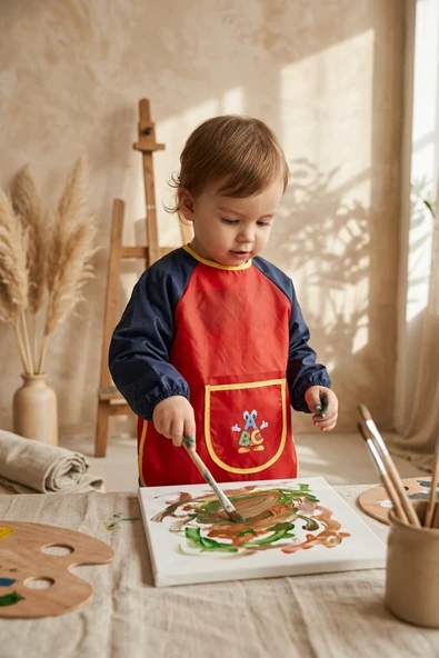 Juniorart Su Geçirmez Uzun Kollu Çocuk Aktivite Ve Yemek Önlüğü 3-5 Yaş - Kırmızı Lacivert Abc Karakterli Leke Tutmaz Önlük ürün görseli 1