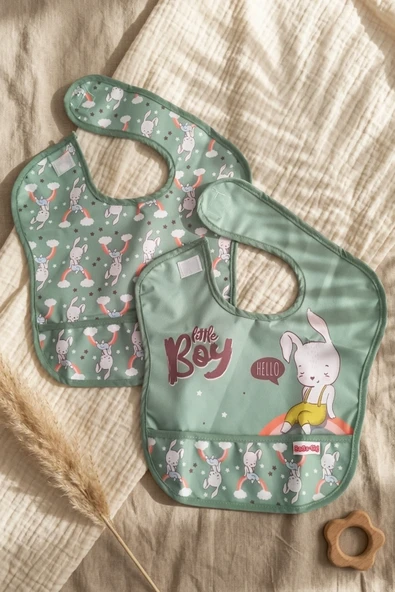 Nino 2'li Su Geçirmez Bebek Mama Önlüğü Seti - Mint Yeşil Tavşan Desenli, Leke Tutmaz Ve Kırıntı Cepli Ek Gıda Önlüğü 0-12 Ay ürün görseli 1
