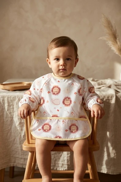 Savan Serisi Su Geçirmez Uzun Kollu Bebek Mama Önlüğü - Leke Tutmayan Ek Gıda Önlüğü - Aslan Figürlü Boho Tasarım 6-24 Ay ürün görseli 1