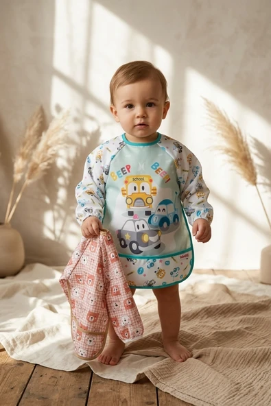 Tinyguard Su Geçirmez Uzun Kollu Bebek Mama Ve Aktivite Önlüğü 6-24 Ay - 2'li Set Bear & Traffic Serisi Leke Tutmaz Blw Önlüğü ürün görseli 1