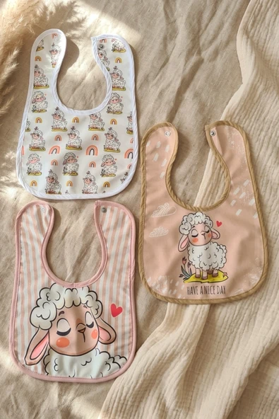 Lumi Lamb 3'lü Bebek Mama Önlüğü Seti - %100 Pamuklu, Yumuşak Dokulu, Sıvı Emici Çıtçıtlı Bebek Önlüğü - Bej Ve Gül Kurusu ürün görseli 1