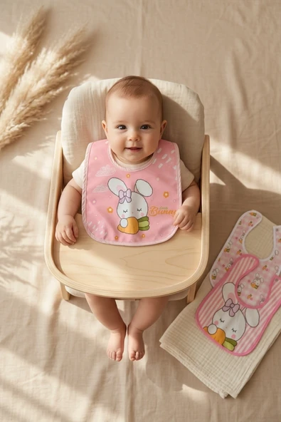 Bunny Serisi 3'lü Bebek Mama Önlüğü Seti - Pembe Çizgili Ve Kareli Su Geçirmez Çıtçıtlı Ayarlanabilir Leke Tutmaz Önlük ürün görseli 1
