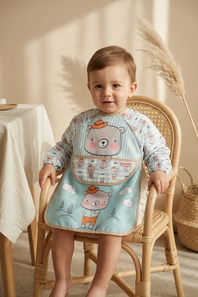 Little Gentleman Ayıcık Figürlü Uzun Kollu Bebek Mama Önlüğü - Sıvı Geçirmez, Leke Tutmaz Ve Cepli Beslenme Önlüğü 6-24 Ay ürün görseli 1