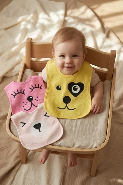 Lumi 3'lü Paket Hayvan Figürlü Yumuşak Dokulu Bebek Mama Önlüğü Seti - %100 Pamuklu Ve Sıvı Emici 0-12 Ay ürün görseli 1