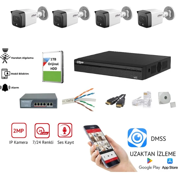 DAHUA 4 Kameralı 7/24 Renkli Görüşlü, Ses Kayıtlı Ip Güvenlik Kamerası Seti ürün görseli 1