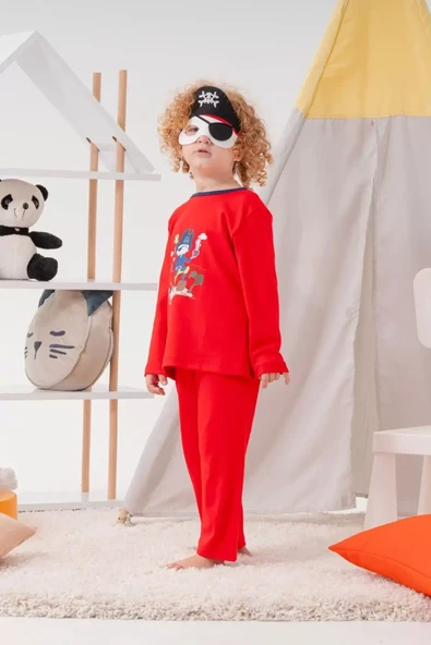Korsan Desenli Çanta Ve Maskeli % 100 Pamuk Erkek Çocuk Pijama Takımı ürün görseli 1