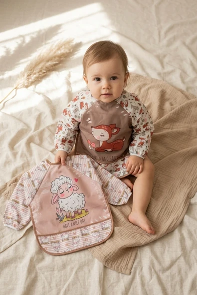 Tinybloom 2'li Set Sıvı Geçirmez Uzun Kollu Bebek Mama Ve Etkinlik Önlüğü - Leke Tutmaz Silinebilir Blw Önlüğü - Boho Ceylan & Kuzu Desenli ürün görseli 1