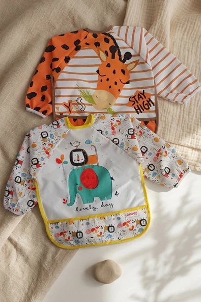 Safari Serisi 2'li Paket Sıvı Geçirmez Kollu Bebek Mama Önlüğü - Ek Gıda Blw Başlangıç Seti - Leke Tutmaz Lüks Tasarım 6-24 Ay ürün görseli 1