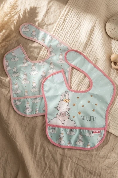 Mallow Bunny Sıvı Geçirmez Leke Tutmaz 2'li Bebek Mama Önlüğü Seti - Tavşan Desenli, Mama Cepli, Cırtlı Mint-pembe 0-12 Ay ürün görseli 1