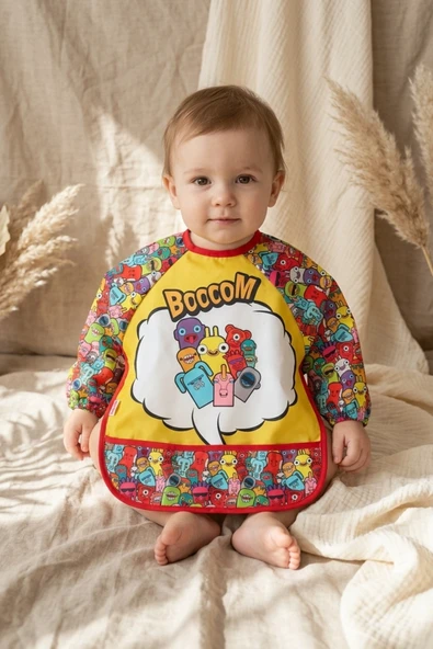 Boocom Monster Serisi Sıvı Geçirmez Uzun Kollu Bebek Mama Ve Aktivite Önlüğü - Blw Uyumlu Kırıntı Cepli Smock ürün görseli 1
