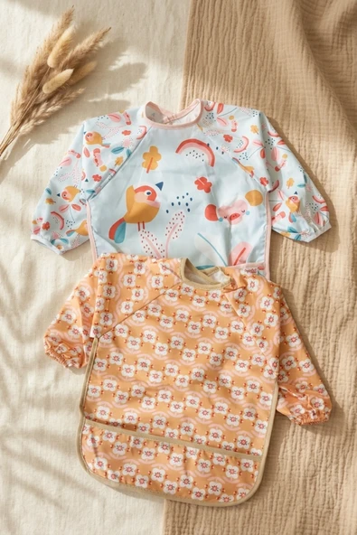 Minivibe 2'li Set Sıvı Geçirmez Uzun Kollu Mama Ve Aktivite Önlüğü - Blw Uyumlu, Leke Tutmaz, Kuş Ve Çiçek Desenli 6-24 Ay ürün görseli 1