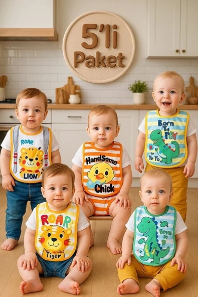 Little Explorer 5'li Bebek Önlük Seti - Sıvı Geçirmez, Pamuklu, Hayvan Figürlü Eğlenceli Mama Önlüğü 0-12 Ay ürün görseli 1