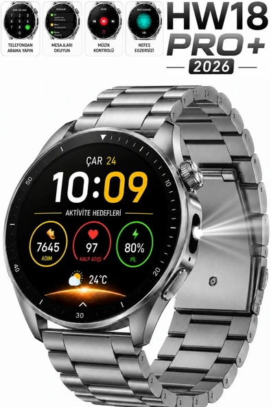 Watch HW18 Pro+ 2026 Erkek Akıllı Saat AMOLED Ekran Bluetooth Görüşme iPhone Huawei Uyumlu 8,9,10,11 Gümüş ürün görseli 1