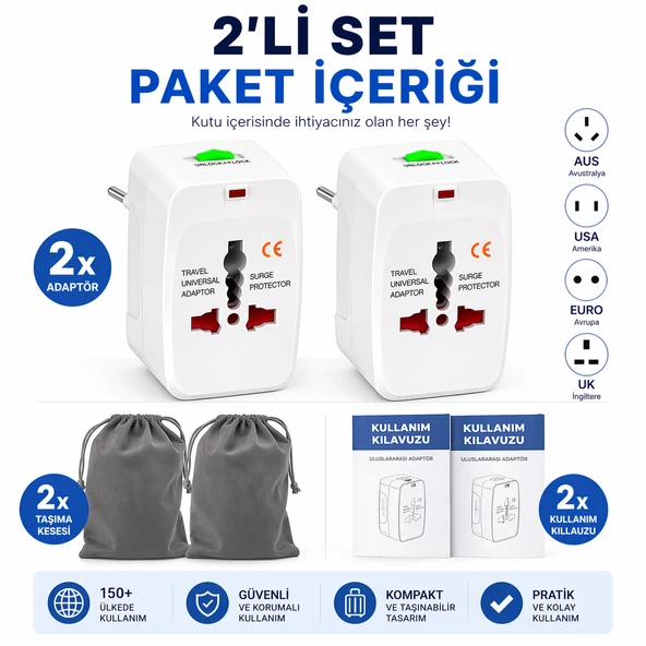 UltraTekno 2’li Set Universal Seyahat Adaptörü Tüm Dünya Uyumlu Priz Dönüştürücü (US/UK/EU/AUS) Akım Korumalı Güvenli Kilit Sistemli Kompakt Taşınabilir Priz Çevirici ürün görseli 1