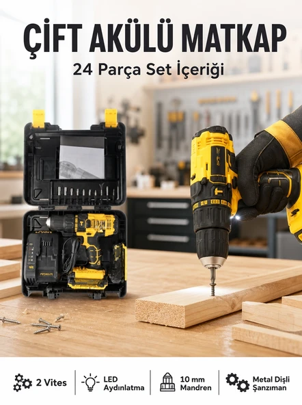 Matkap Seti 24 Parça Çift Bataryalı Darbeli Led Işıklı Vidalama Yeni Nesil ürün görseli 1