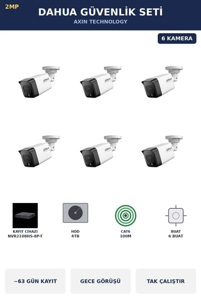DAHUA 6 Kameralı 2MP Güvenlik Kamera Seti IP PoE Tak Çalıştır Bullet Dış Mekan 4TB ~63 Gün Kayıt ürün görseli 1