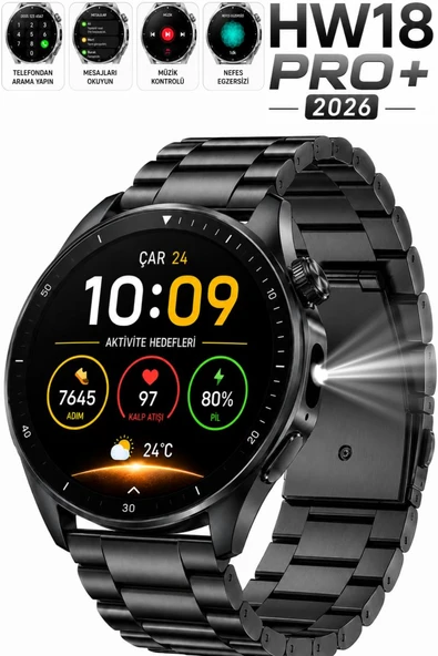 Watch HW18 Pro+ 2026 Erkek Akıllı Saat AMOLED Ekran Bluetooth Görüşme iPhone Huawei Uyumlu 8,9,10,11 Siyah ürün görseli 1