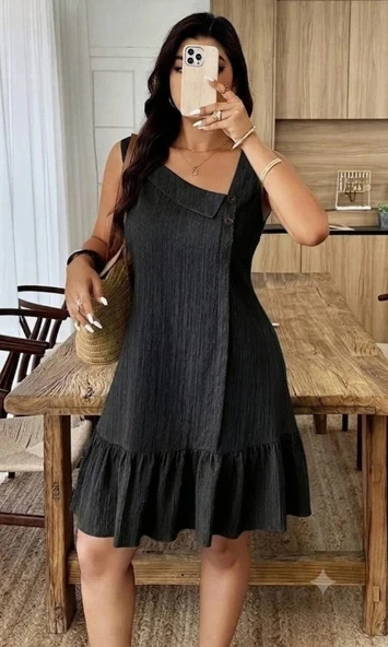 Kadın Kalın Askılı Asimetrik Yaka Etek Ucu Fırfır Detaylı Krınkıl Elbise ürün görseli 1