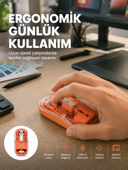 Şeffaf Kablosuz Mouse Bluetooth Bağlantılı Sessiz Tıklama Yeni Nesil ürün görseli 1