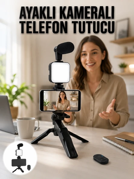 Telefon Tutucu Led Işıklı Kumandalı Mikrofon Telefon Vlog Video Kayıt Yeni Nesil ürün görseli 1