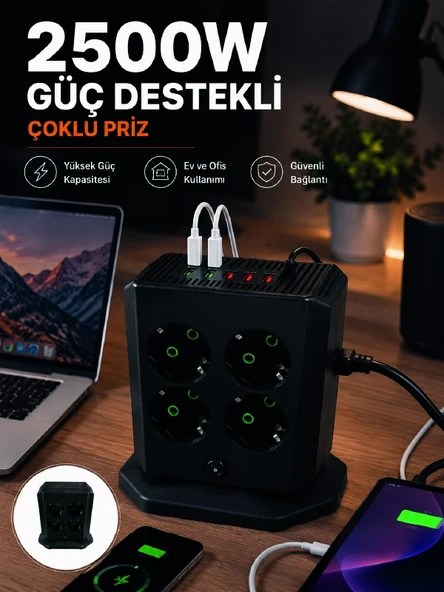 Çoklu Priz 8 Çıkışlı 4 Usb 2 Type-c Anahtarlı Dikey Priz Kulesi ürün görseli 1