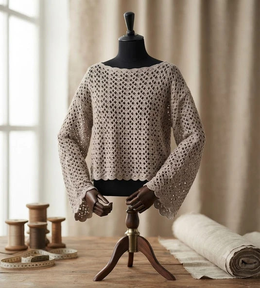 El Örgüsü Tığ İşi Volan Kol Crochet Bej Kadın Bluz ürün görseli 1