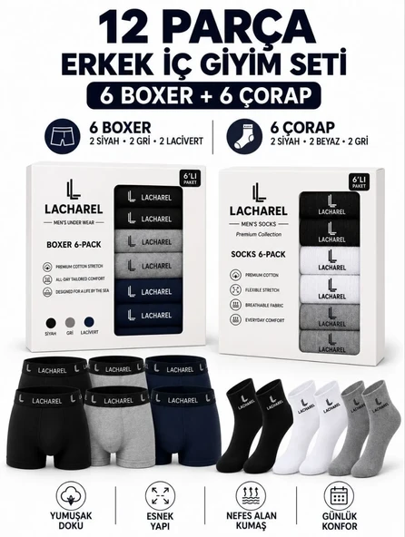 Erkek 12'li İç Giyim Seti Pamuklu 6 Boxer 6 Çorap Çoklu Paket - Siyah - Lacivert - Gri - Beyaz ürün görseli 1
