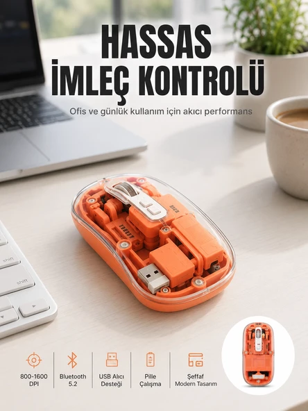 Bluetooth Ve Usb Destekli Kablosuz Şeffaf Mouse Sessiz Kullanım Yeni Nesil ürün görseli 1