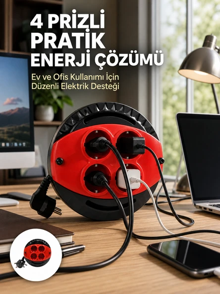 3 Metre Uzatma Kablolu 4 Prizli Makara Kırmızı ürün görseli 1