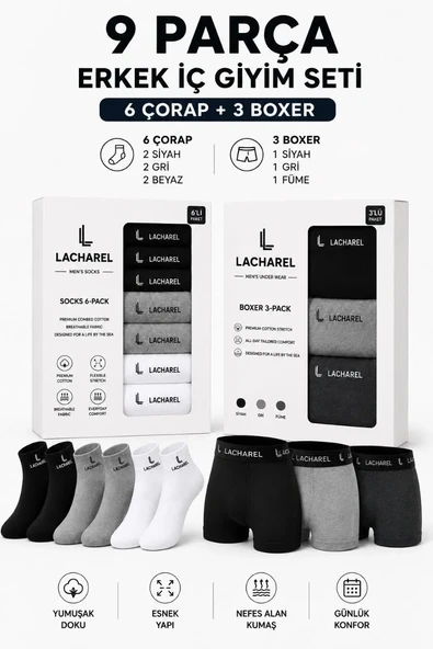 Erkek 9'lu İç Giyim Seti Pamuklu 3 Boxer 6 Çorap Çoklu Paket - Siyah - Füme - Gri - Beyaz ürün görseli 1