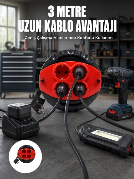 3 Metre Kablolu 4’lü Kırmızı Priz Makara ürün görseli 1