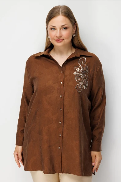 40138 GİLDA TEK TARAFI BONCUK PUL NAKIŞLI TENCEL GÖMLEK ürün görseli 1