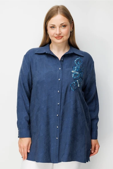 40138 GİLDA TEK TARAFI BONCUK PUL NAKIŞLI TENCEL GÖMLEK ürün görseli 1