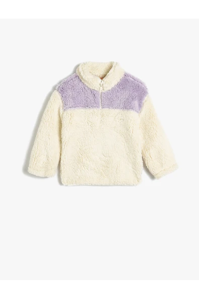Koton Kız Bebek Peluş Sweatshirt Dik Yaka Uzun Kollu Yarım Fermuarlı ürün görseli 1