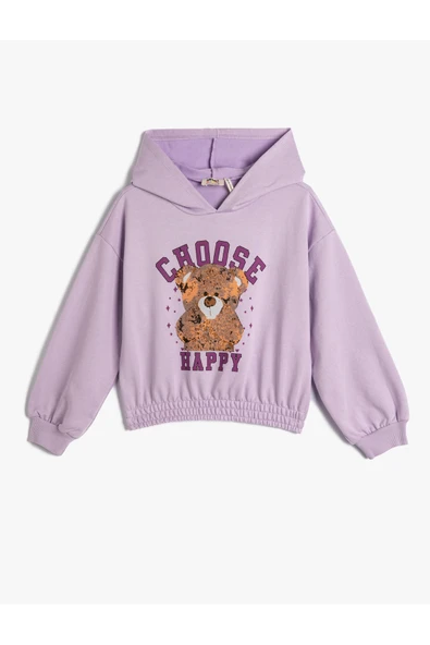 Koton Kız Çocuk Kapşonlu Sweatshirt Ayıcık Baskılı Beli ve Manşetleri Lastikli Uzun Kollu ürün görseli 1