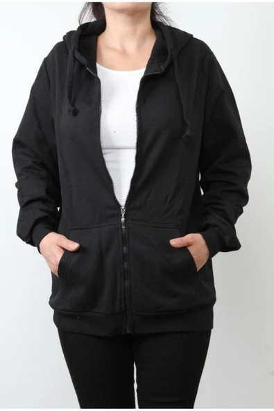 Hipatu 2 İp Şardonlu Fermuarlı Kapşonlu Oversize Sweatshırt Ceket ürün görseli 1