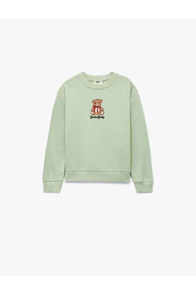 Koton Kız Çocuk Uzun Kollu Bisiklet Yaka Ayıcık Nakışlı Pamuklu Şardonlu Sweatshirt ürün görseli 1