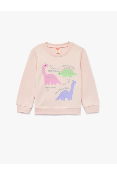 Koton Kız Bebek Uzun Kollu Bisiklet Yaka Dinozor Baskılı Şardonlu Pamuklu Sweatshirt ürün görseli 1
