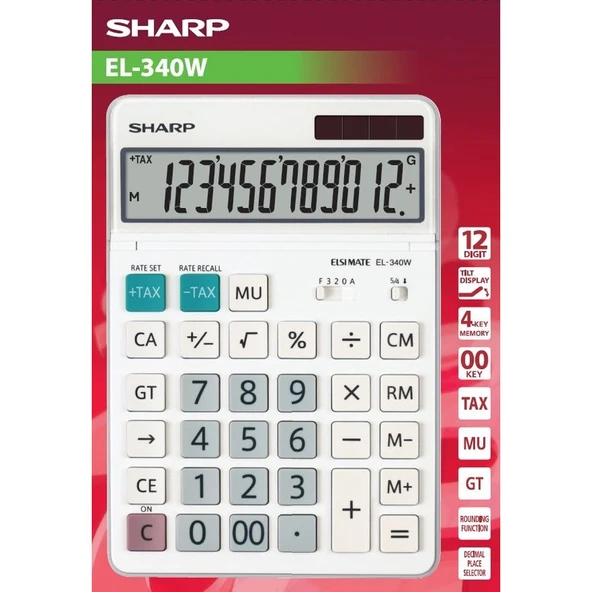 Sharp EL-340W  Beyaz 12 Hane Masa Üstü Hesap Makinesi  Geniş LCD Ekran ürün görseli 1