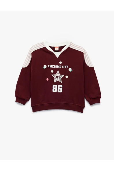 Koton Kız Bebek Şardonlu Pamuklu Uzun Kollu Renk Kontrastlı V Yaka Baskılı Sweatshirt ürün görseli 1
