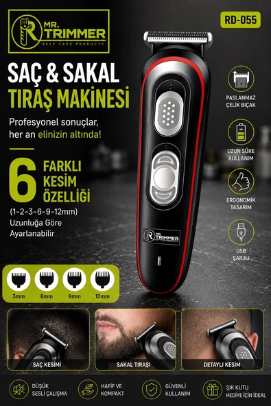 Mr.Trimmer RD-055 Kırmızı Saç Ve Sakal Tıraş Makinesi Profesyonellere Özel 6 Farklı Kesim 120 Dk Kullanım ürün görseli 1