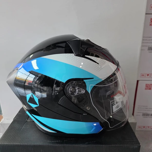 ÇENESİZ KASK JK528-1 MGE VİZÖRLÜ PARLAK SİYAH MAVİ XL ürün görseli 1