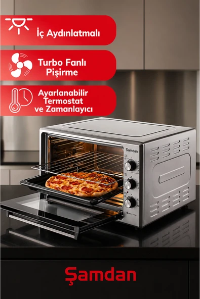Şamdan 60 Lt. Çift Camlı Turbo İç Aydınlatmalı Zaman ve Isı Ayarlı Mini/Midi Fırın ürün görseli 1