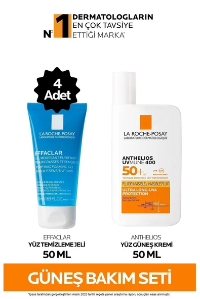 La Roche Posay Güneş Cilt Bakım Seti: Effaclar Yüz Temizleme Jeli x4 50ml & Anthelios SPF50+ Güneş Kremi 50ml ürün görseli 1