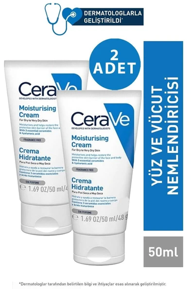 CeraVe Nemlendirici Krem Kuru Ciltler Seramid ve Hyalüronik Asit İçerikli Yüz Vücut 50ml 2 Adet ürün görseli 1