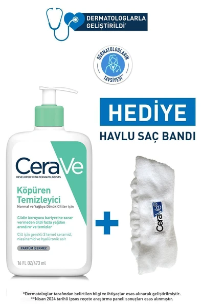 CeraVe Yüz Bakım Seti: Normal ve Yağlı Ciltler İçin Köpüren Temizleyici 473ml & Havlu Saç Bandı ürün görseli 1