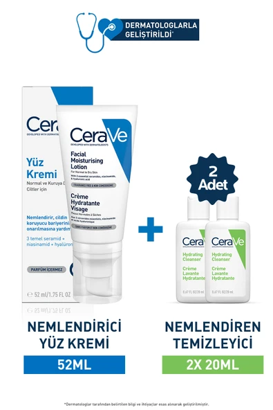 CeraVe Cilt Bakım Seti:nemlendirici Yüz Kremi 52ml&nemlendiren Temizleyici 2x20ml ürün görseli 1