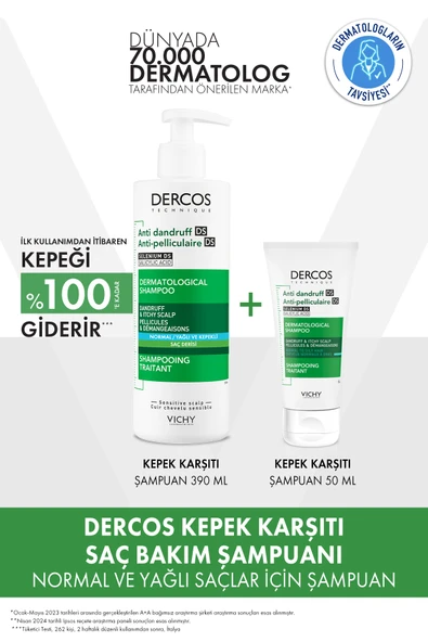 Vichy Dercos Şampuan Seti: Kepek Karşıtı Normal/ Yağlı Saçlar İçin Şampuan 390 ml & 50 ml Şampuan ürün görseli 1