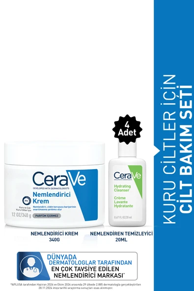CeraVe Kuru Ciltler İçin Cilt Bakım Seti: Cerave Nemlendirici Krem 340GR & Nemlendiren Temizleyici 20MLx4 ürün görseli 1
