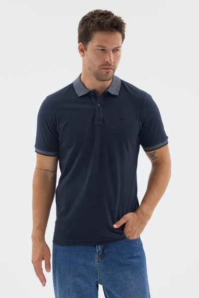 Lacivert-Mavi Polo Yaka Pike Kısa Kol Slim Fit %100 Pamuk Tişört 1011260171 ürün görseli 1